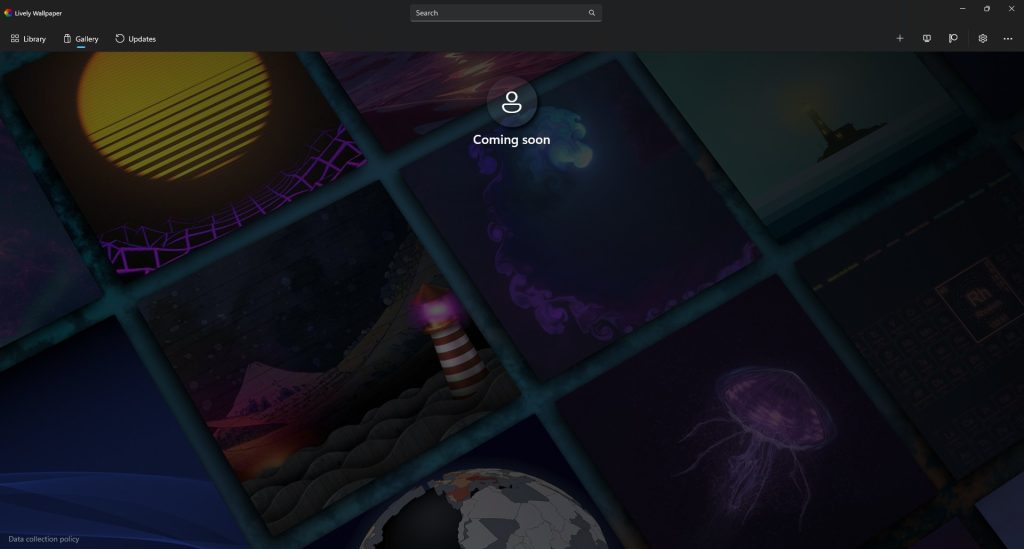 A screenshot of Lively Wallpaper's Gallery tab showing "Coming Soon".