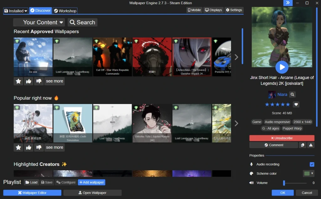 A screenshot of Wallpaper Engine's Discovery tab, showcasing collections of wallpapers.