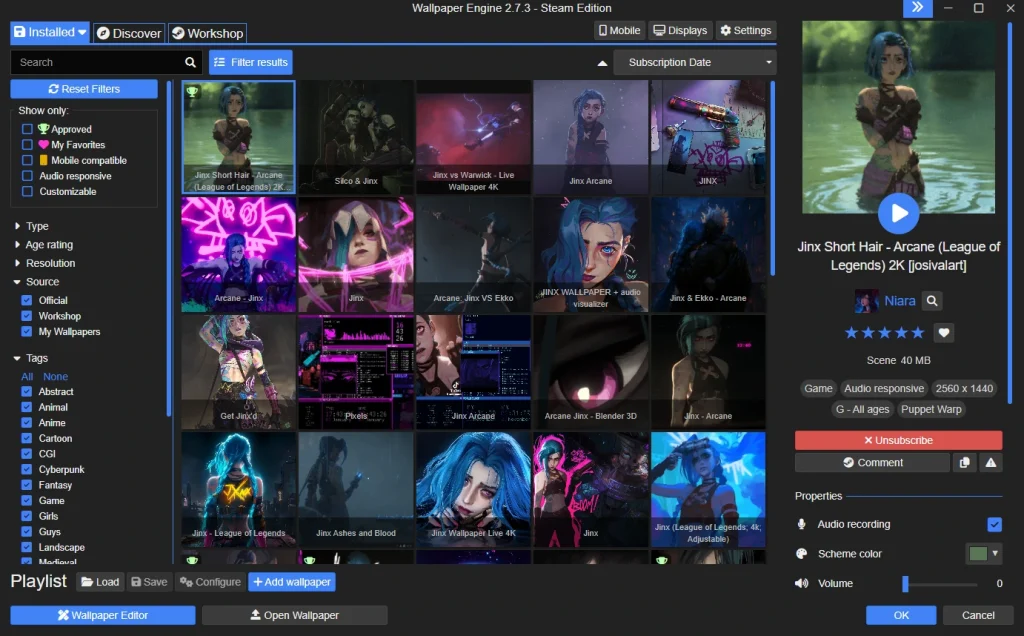 A screenshot of Wallpaper Engine's Installed tab showcasing all installed wallpapers.