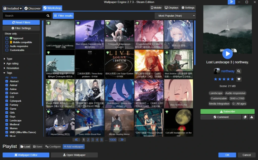 A screenshot of Wallpaper Engine's Workshop tab, showcasing all wallpapers available to download.