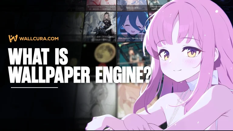 An image featuring large text saying: "What is wallpaper engine?" with a cute anime girl on the right, "Wallcura.com" watermark in the corner.